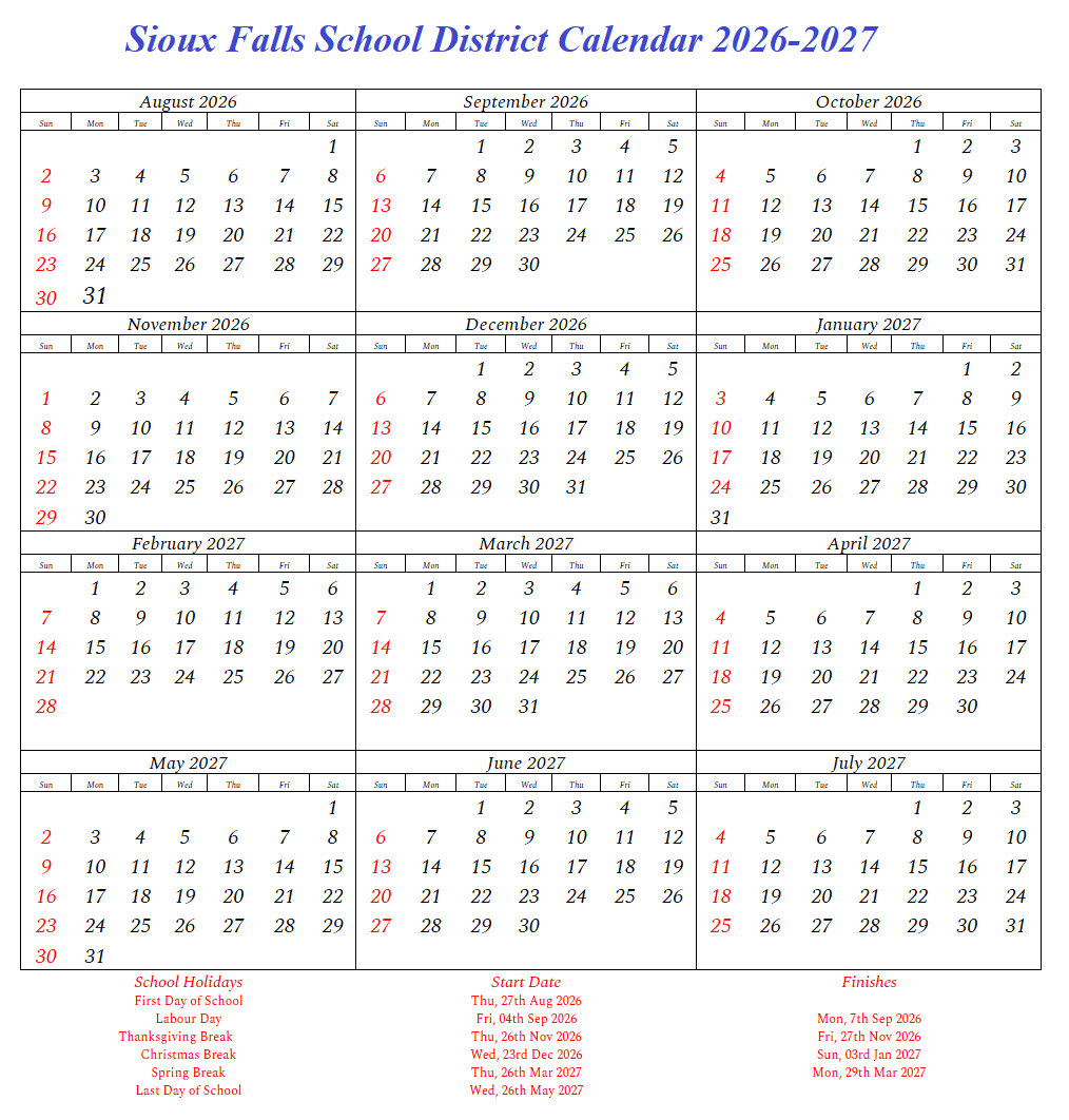 Sioux Falls School District Calendar 2026-2027