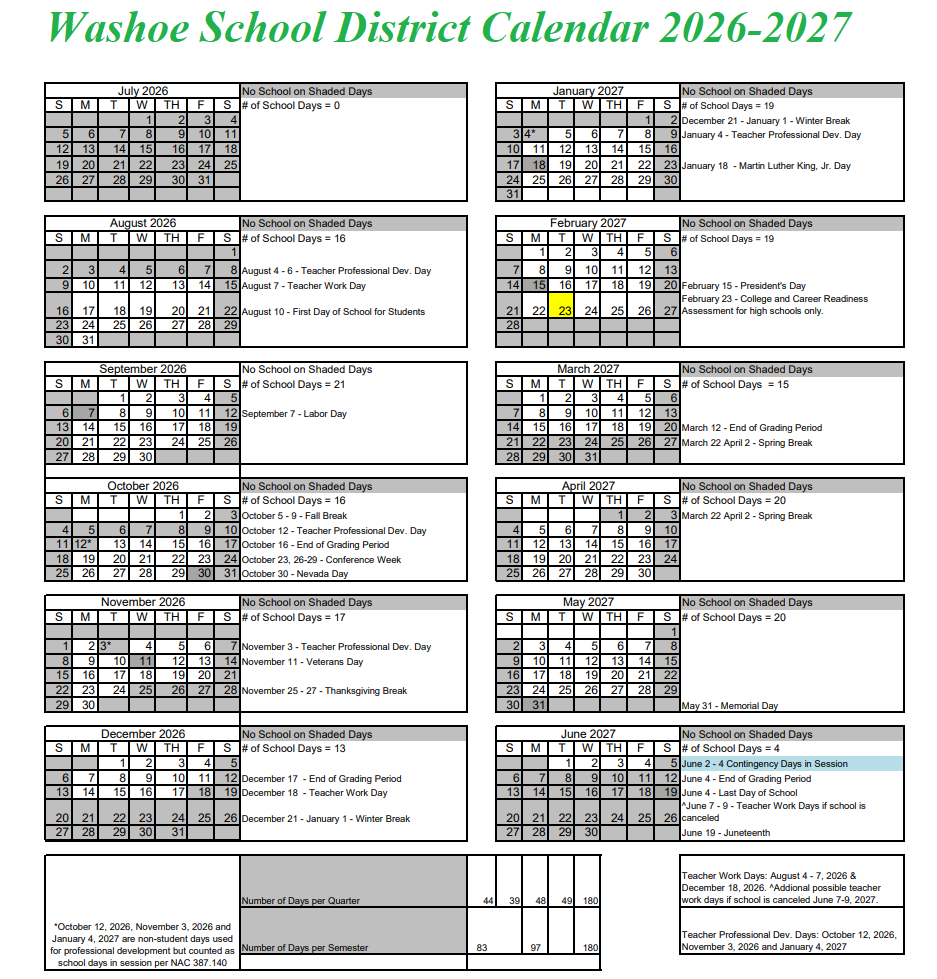Washoe School District Calendar 2026-2027