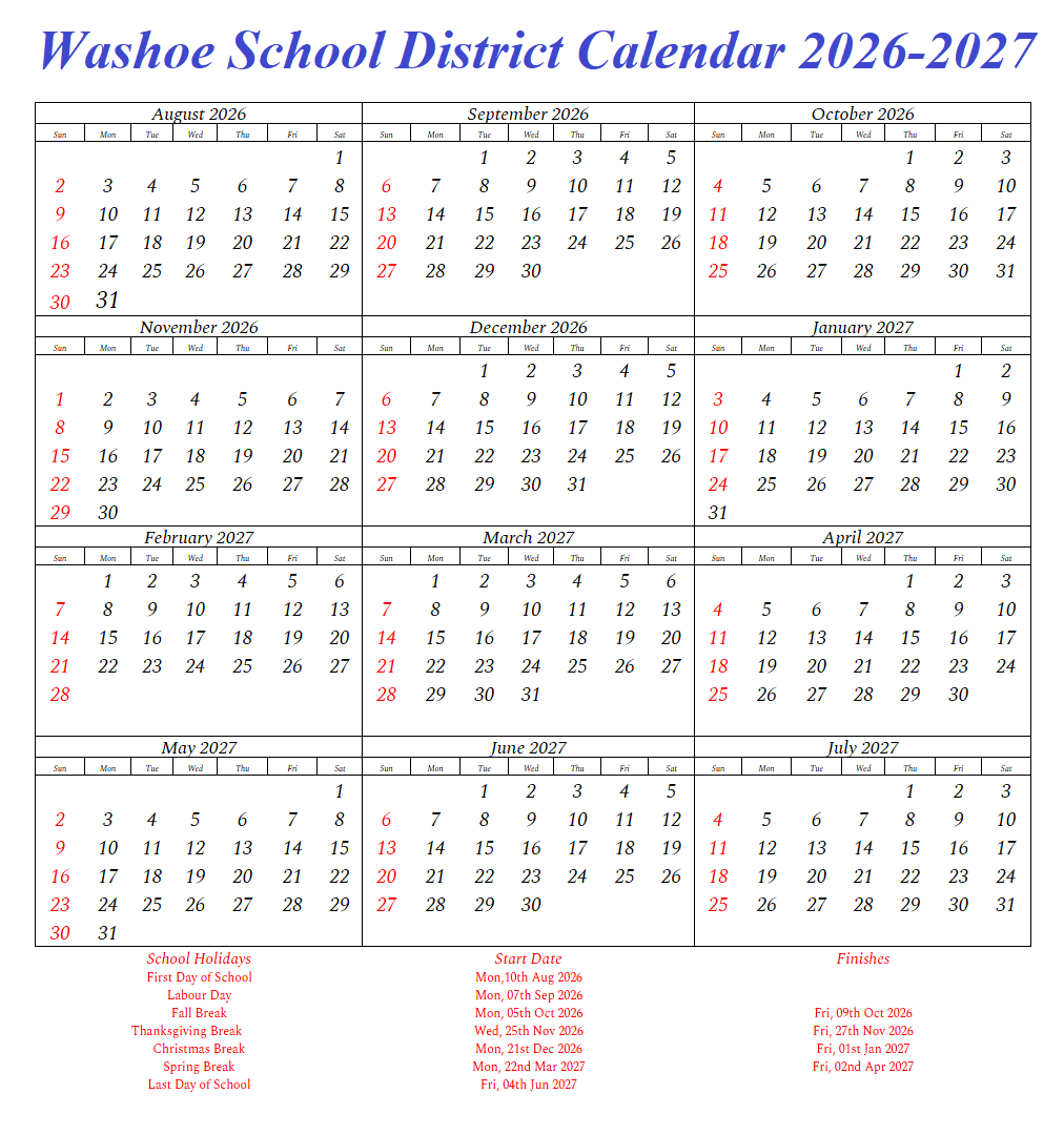 Washoe School District Holidays 2026-2027 Calendar