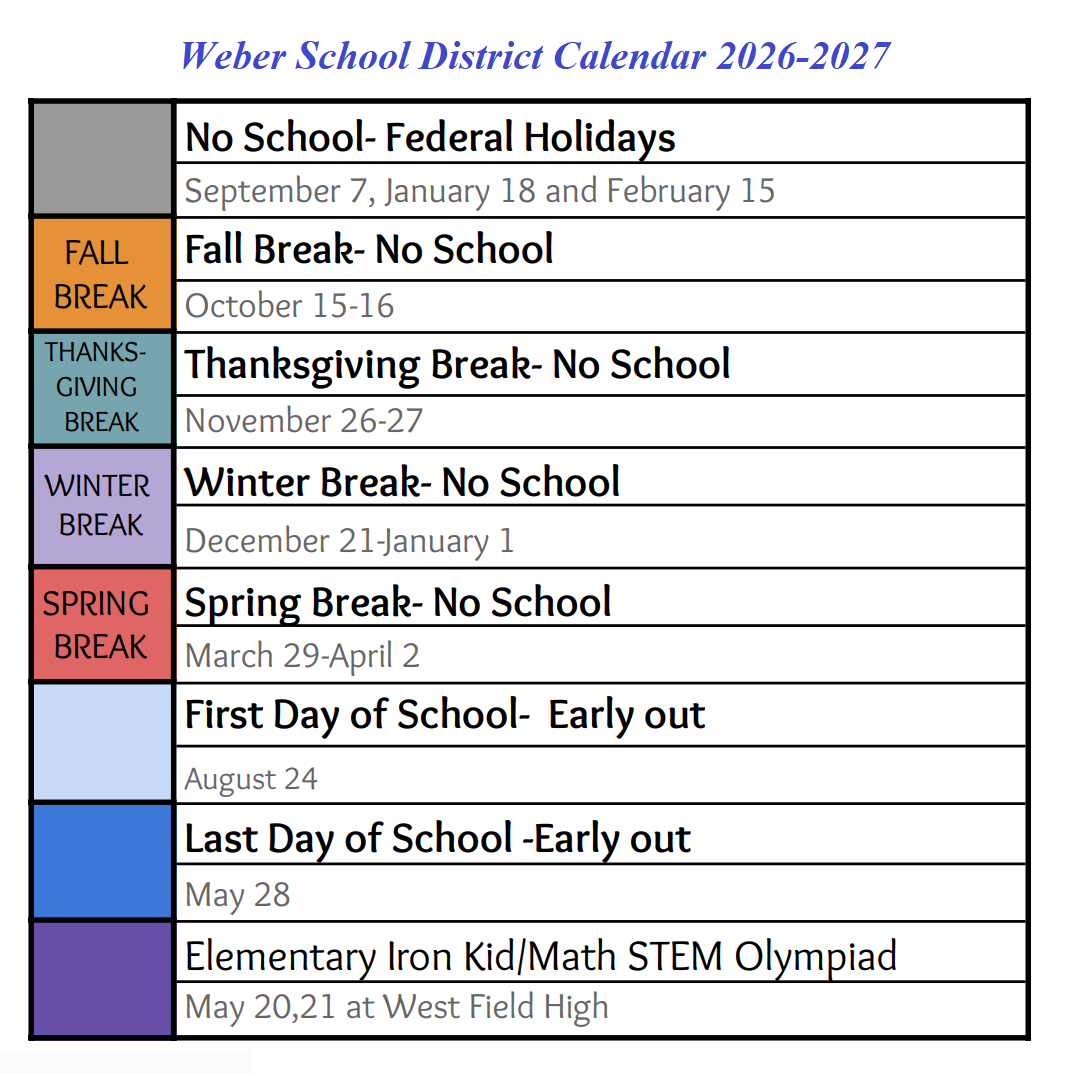 Weber County School District Proposed Calendar 2026-2027