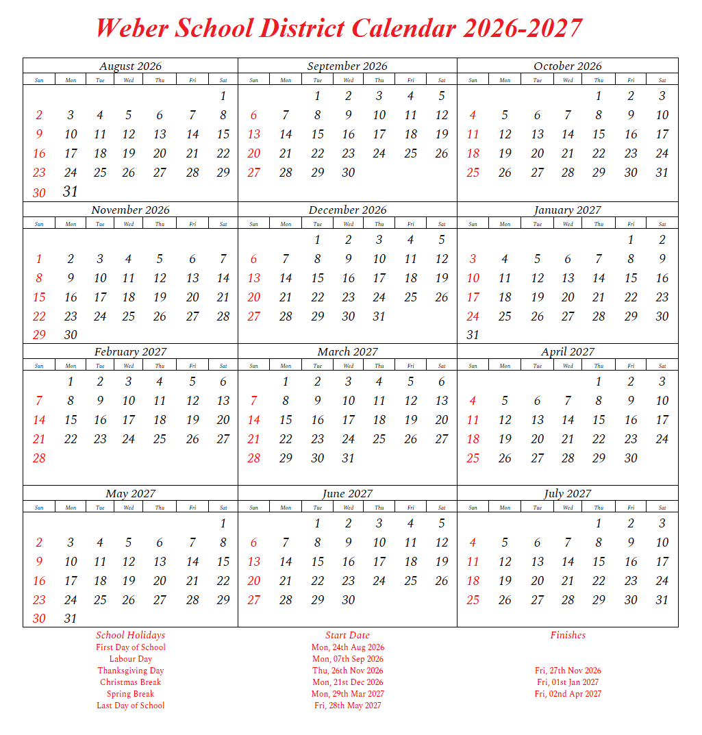 Weber School District Holidays Calendar 2026-2027
