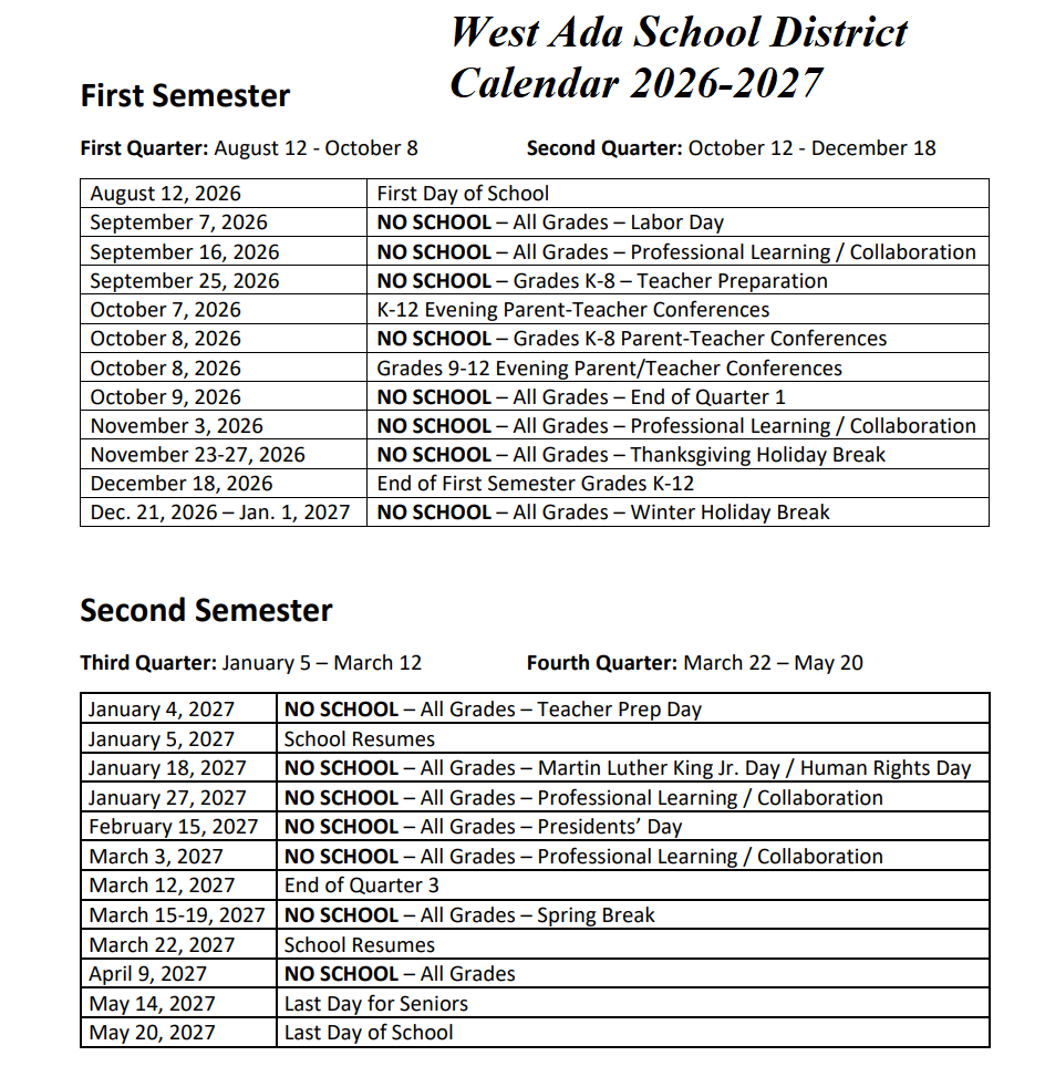 West Ada County School District Proposed Calendar 2026-2027