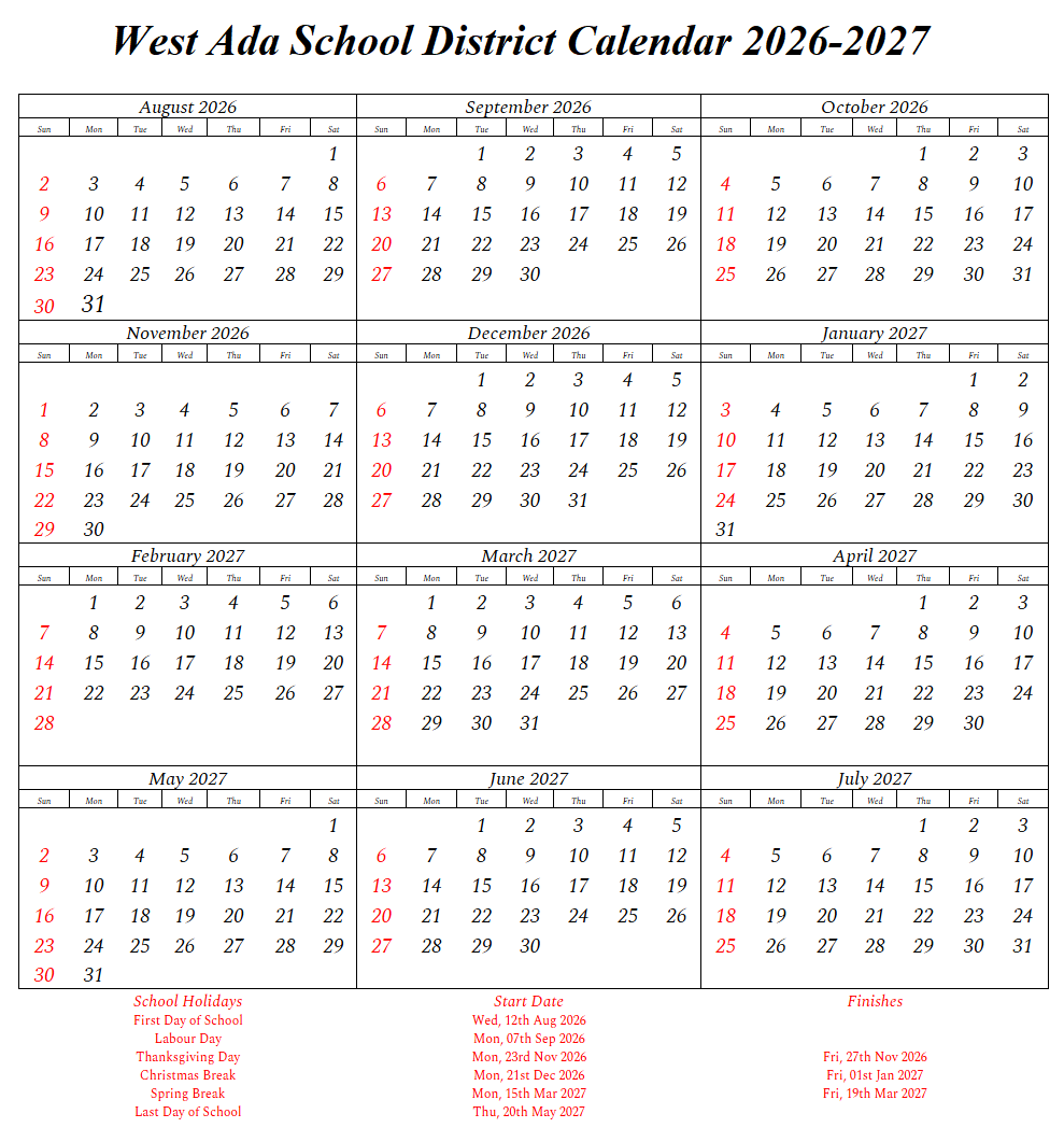 West Ada School District Holidays Calendar 2026-27