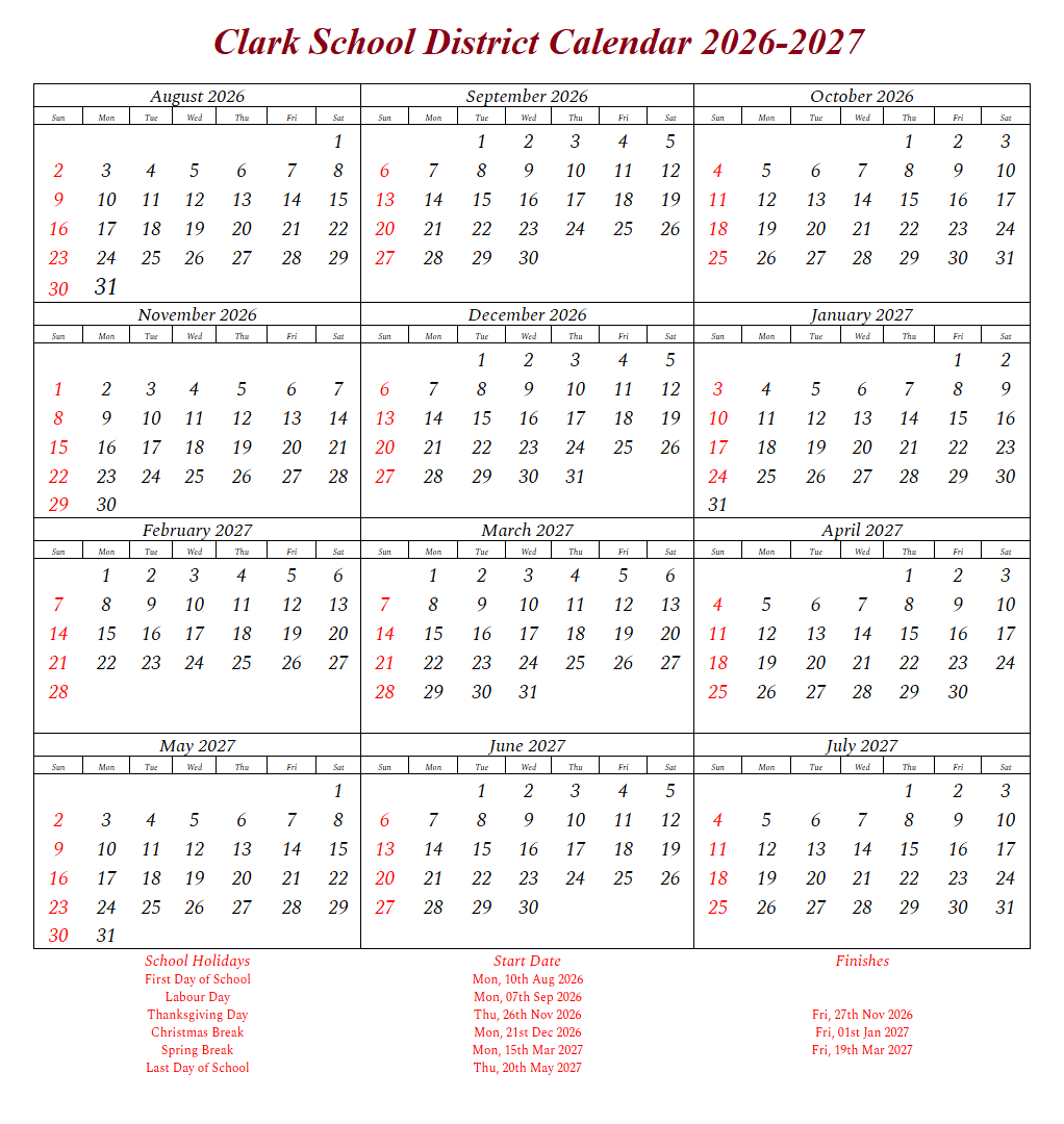 Clark County School District Proposed Calendar 2026-2027