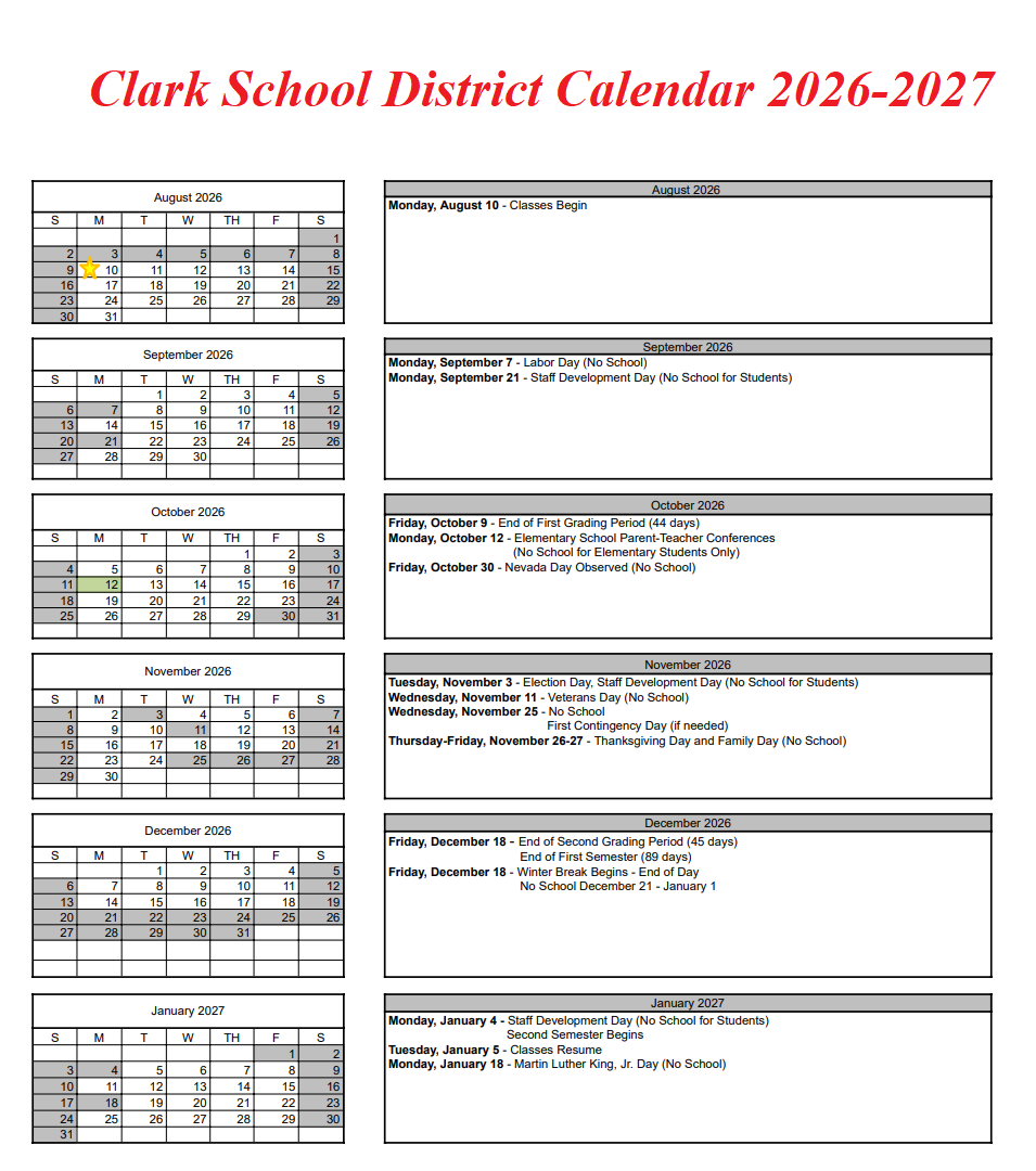 Clark School District Calendar 2026-2027