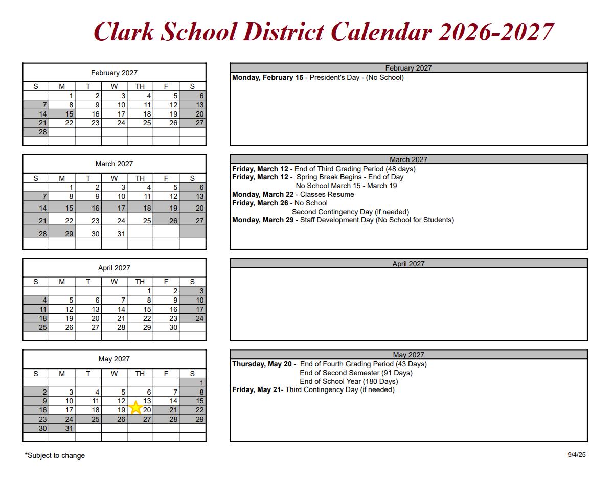 Clark School District, New Jersey Calendar Holidays 2026-27