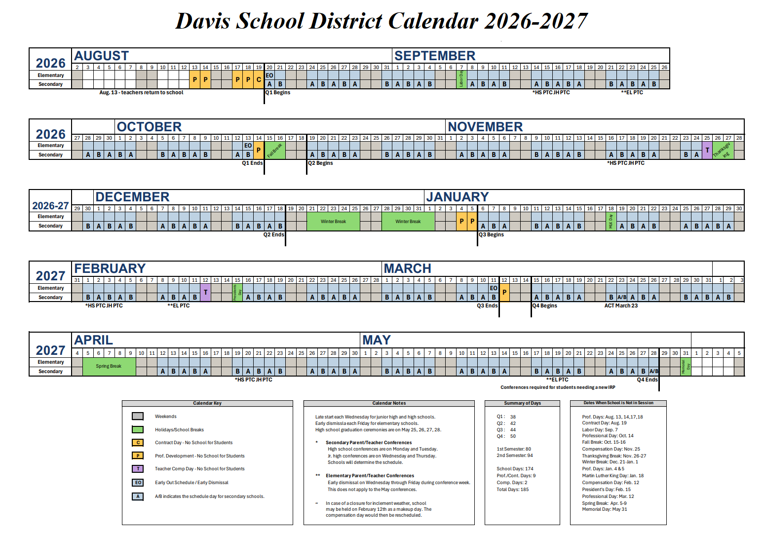 Davis School District Calendar 2026-2027