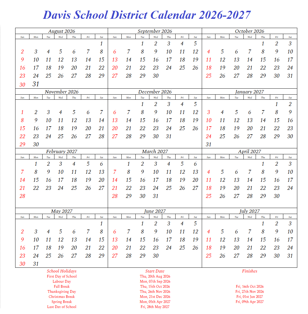 Davis School District Calendar Holidays 2026-2027