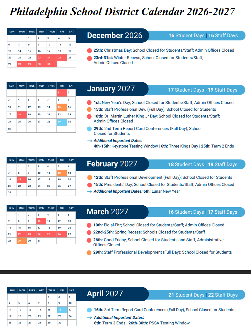Philadelphia County School District Proposed Calendar 2026-2027