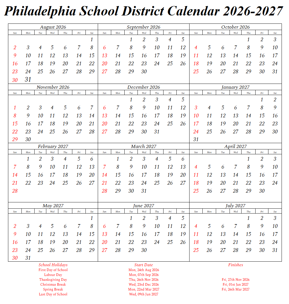 Philadelphia School District Calendar Holidays 2026-2027