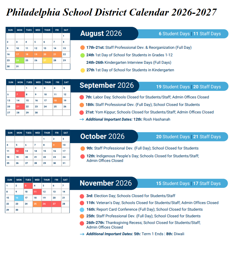 Philadelphia School District, Pennsylvania Calendar Holidays 2026-27