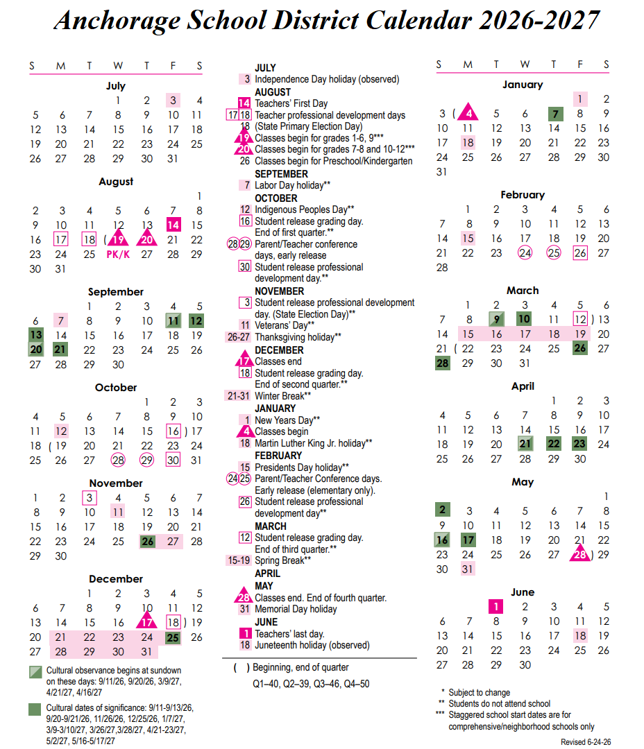 Anchorage School District Calendar 2026-2027