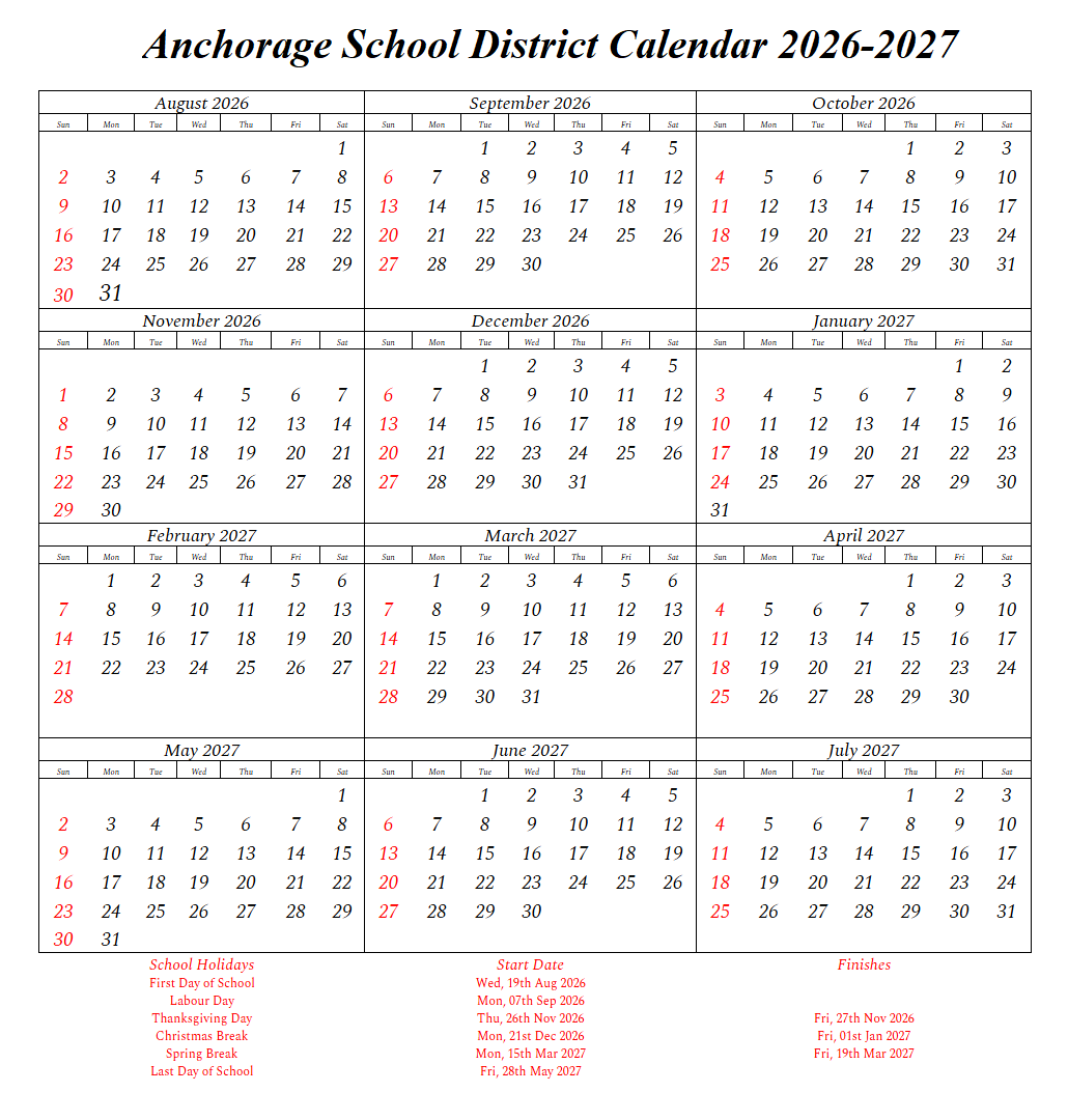 Anchorage School District Holidays 2026-2027 Calendar