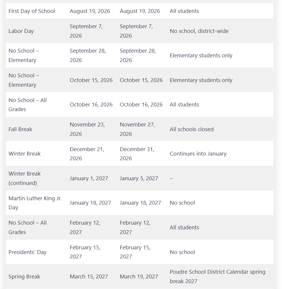 Colorado Holidays Calendar 2026-2027