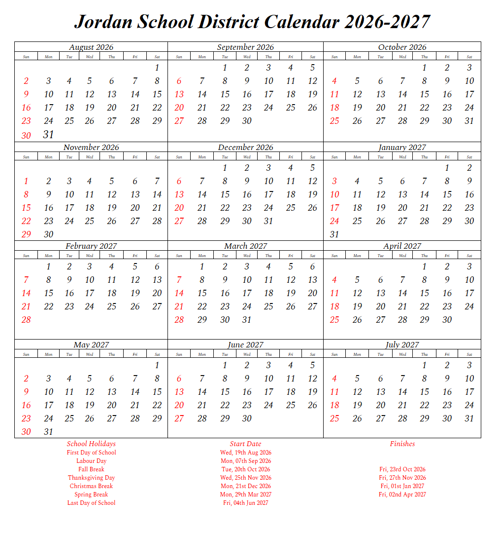 Jordan County School District Proposed Calendar 2026-2027