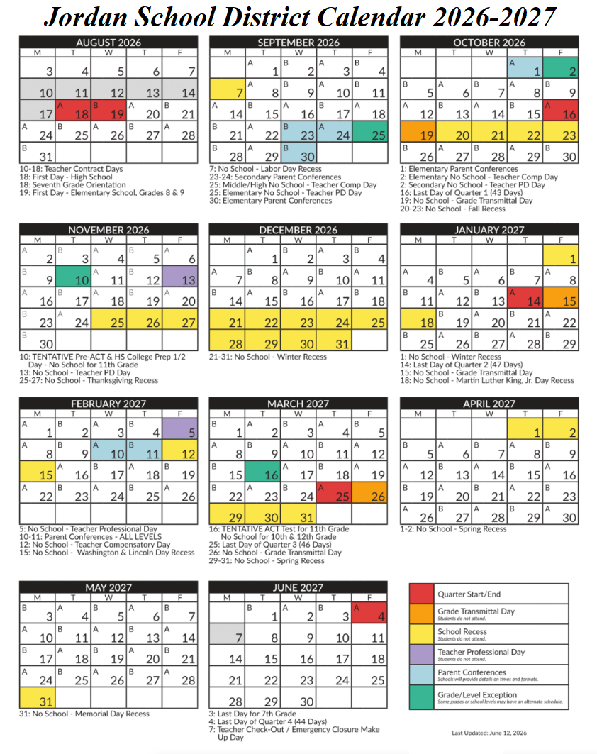 Jordan School District Calendar 2026-2027
