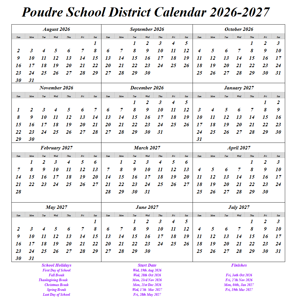 Poudre County School District Proposed Calendar 2026-2027