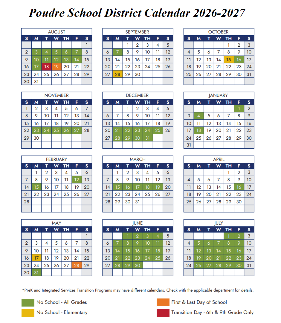 Poudre School District Calendar 2026-2027