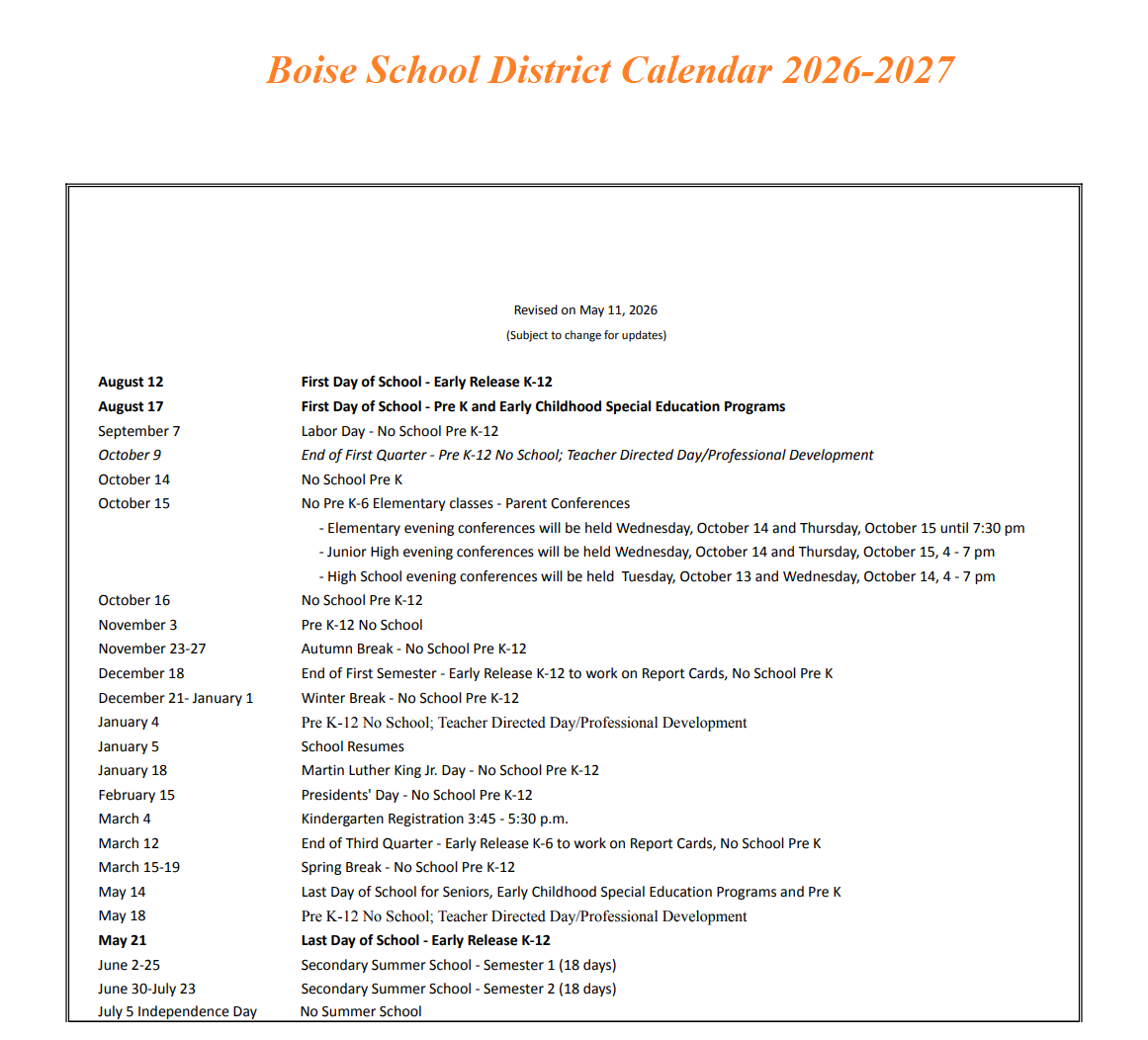 Boise County School District Proposed Calendar 2026-2027