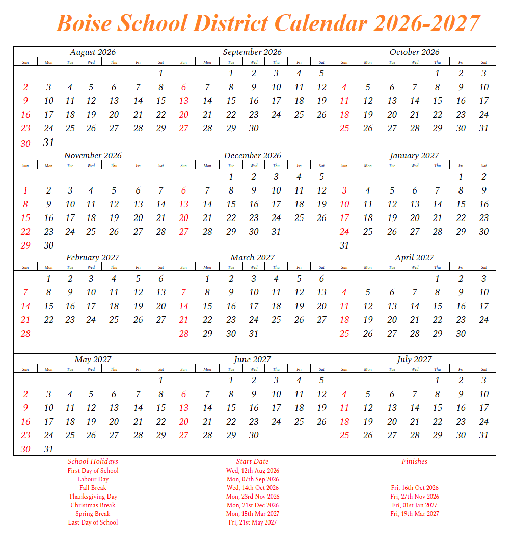 Boise School District Calendar 2026-2027