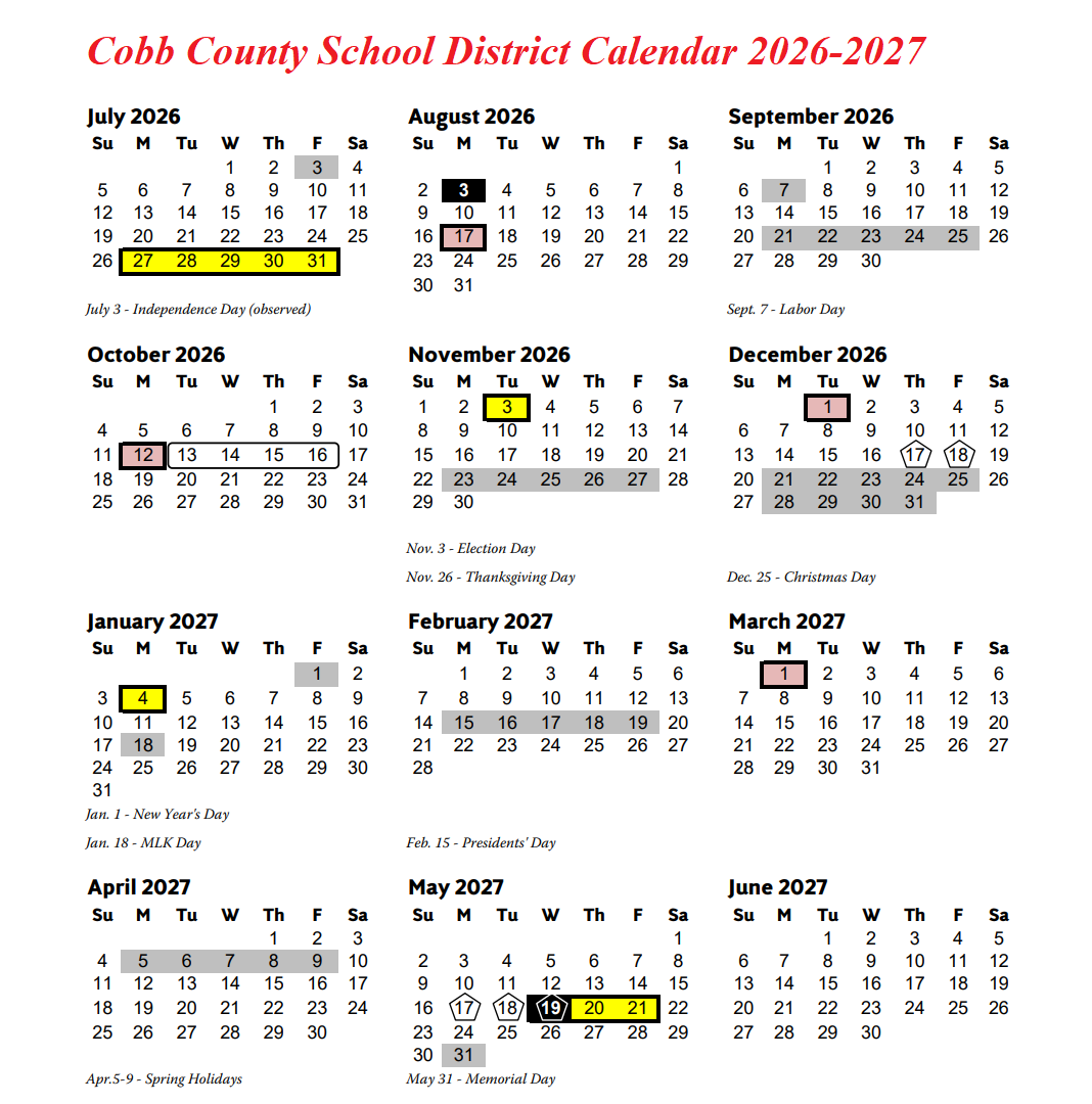 Cobb County School District Calendar 2026-2027