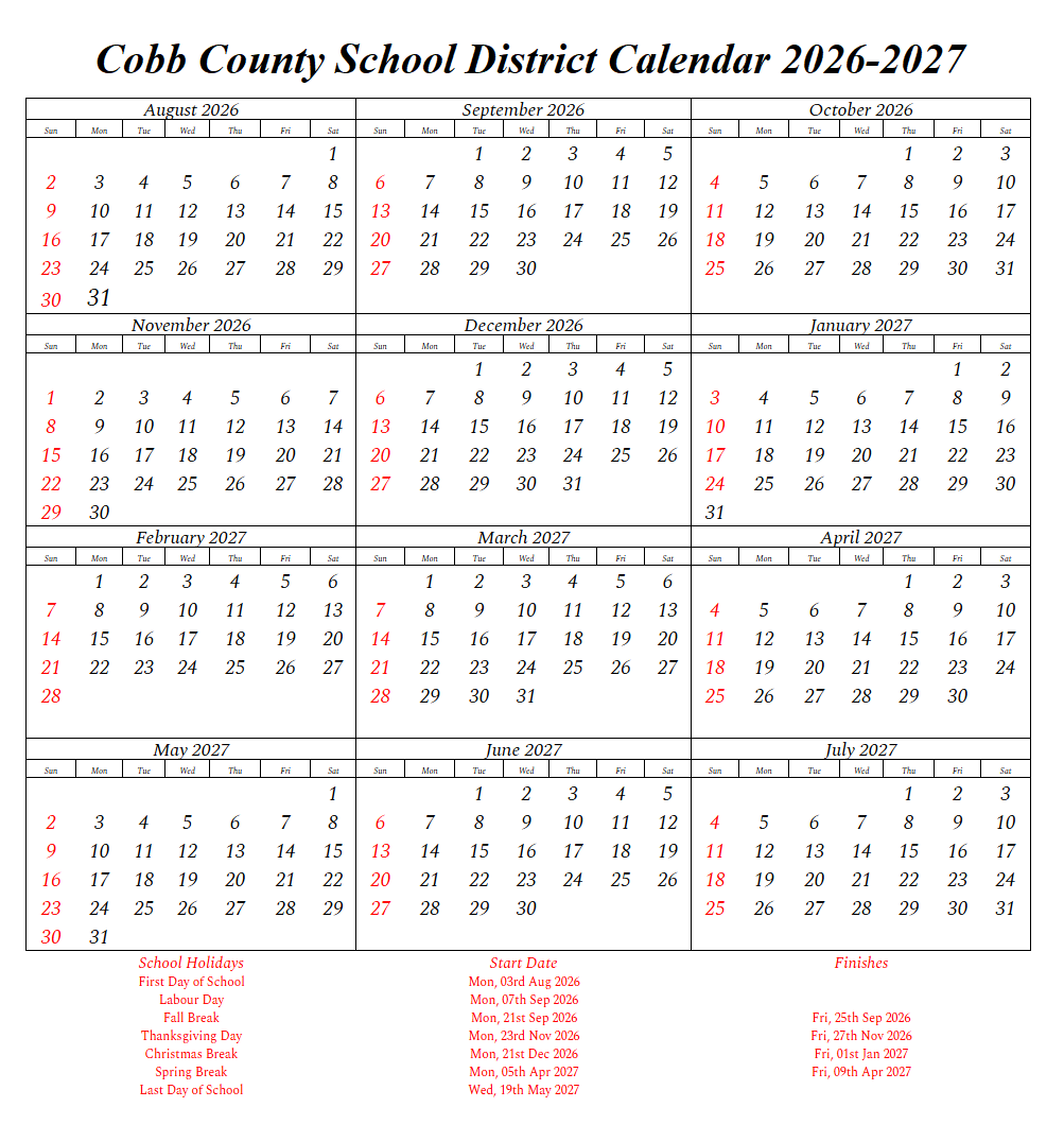 Cobb County School District Holidays 2026-2027 Calendar
